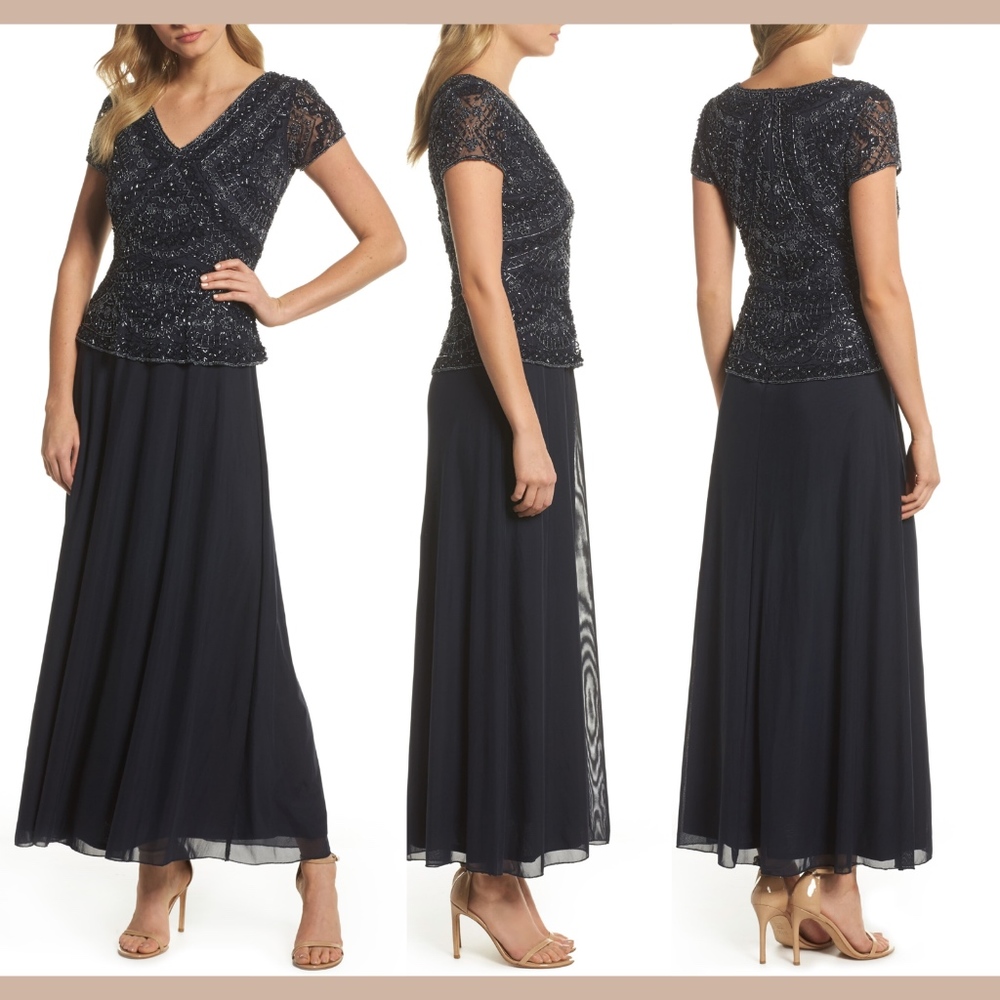 NWT $218 Pisarro Nights Beaded V-Neck Mock Gown in Navy Blue‎ [SZ 4 ]